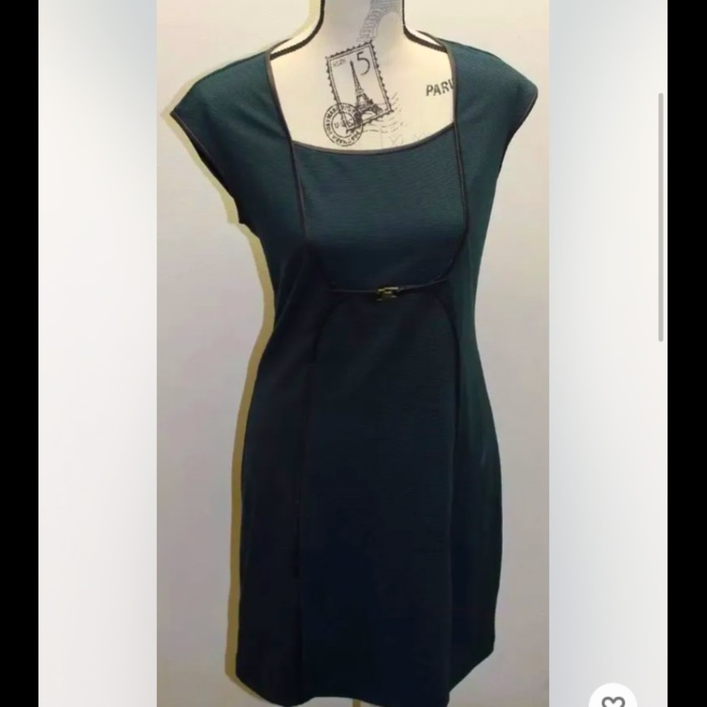 Max Studio Sheath Dress Faux Leather Piping Green Black Small